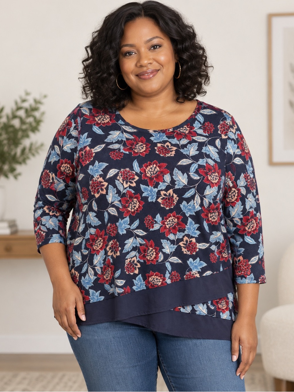 Floral Layered-Hem Navy Top